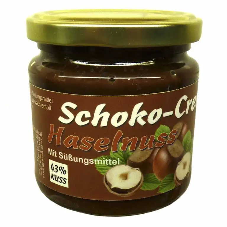 "Schokocreme Haselnuss" 200 g (43,7% Haselnüsse), mit Xylit aus Finnland gesüßt, vegan, ohne Zuckerzusatz