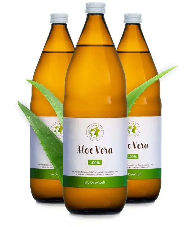 Aloe Vera Bio-Direktsaft 100% | Handfiletiert | Reich an natürlichen Inhaltsstoffen | Durchschnittlich 1200mg/l Aloverose | Braunglasflaschen | 2 x 1000ml