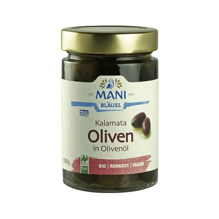 Mani Bläuel Bio Kalamata Oliven in Olivenöl, Bio mit Stein (1 x 280 gr)