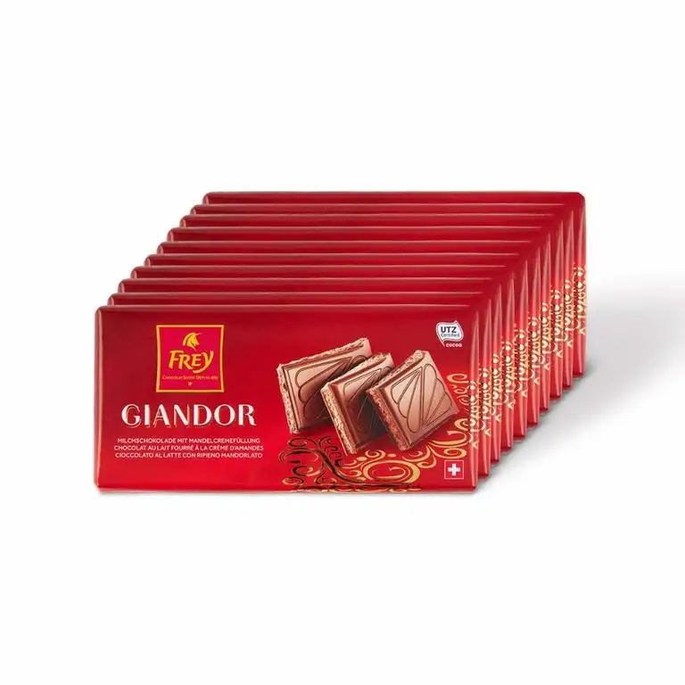 Frey 10x Giandor Milchschokolade mit Mandelcreme-Füllung - Schweizer Schokolade Tafel Milchschokolade mit Mandelcremefüllung - Großpackung 10x Schokoladentafeln 100 g - Kakao 37% - UTZ-zertifiziert