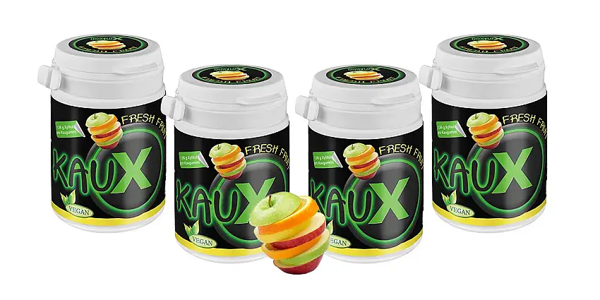 kauX Xylitol Zahnpflege-Kaugummi ohne Aspartam, 4'er Pack Fresh Fruit (60g=40 Stück pro Dose)