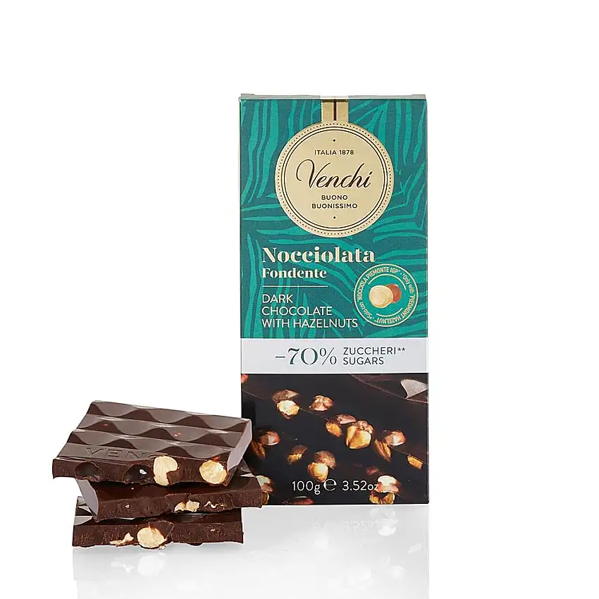 Venchi - Zartbitter-Haselnuss-Riegel mit 70% weniger Zucker, 100 g - Ohne Zuckerzusatz - Glutenfrei