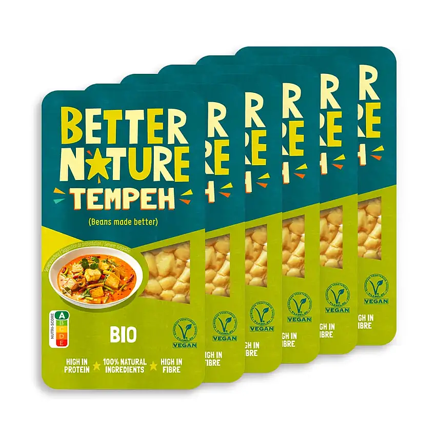 Better Nature vegane 100% BIO Fleischalternative aus Tempeh von Sojabohnen – 6x 200g Packungen leckere pflanzliche Alternative zu Fleisch mit vielen Proteinen und Ballaststoffen
