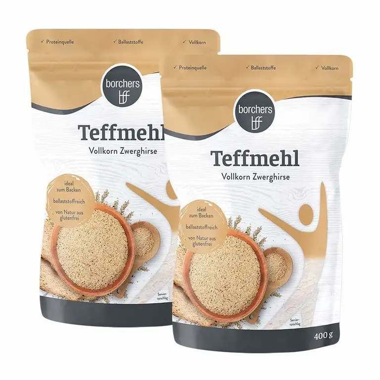 2 x borchers Premium helles Teffmehl, aus Zwerghirse, reich an Ballaststoffen, Angenehm Nussig, Perfekt zum Backen für Kuchen, Crepes und Brote 400 g