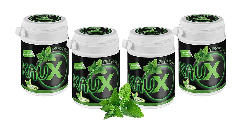 kauX Xylitol Zahnpflege-Kaugummi ohne Aspartam, 4'er Pack Peppermint (60g=40 Stück pro Dose)