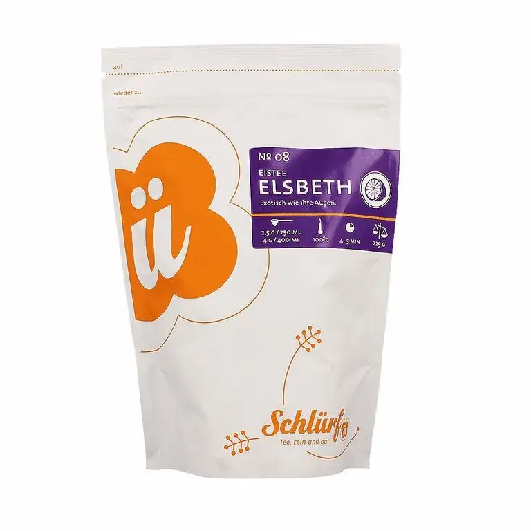 Schlürf Eistee "Elsbeth" No. 8, Loser Bio-Eistee mit Zitrusfrüchten und Ingwer, Wiederverschließbare Aromaverpackung, 1 x 225g