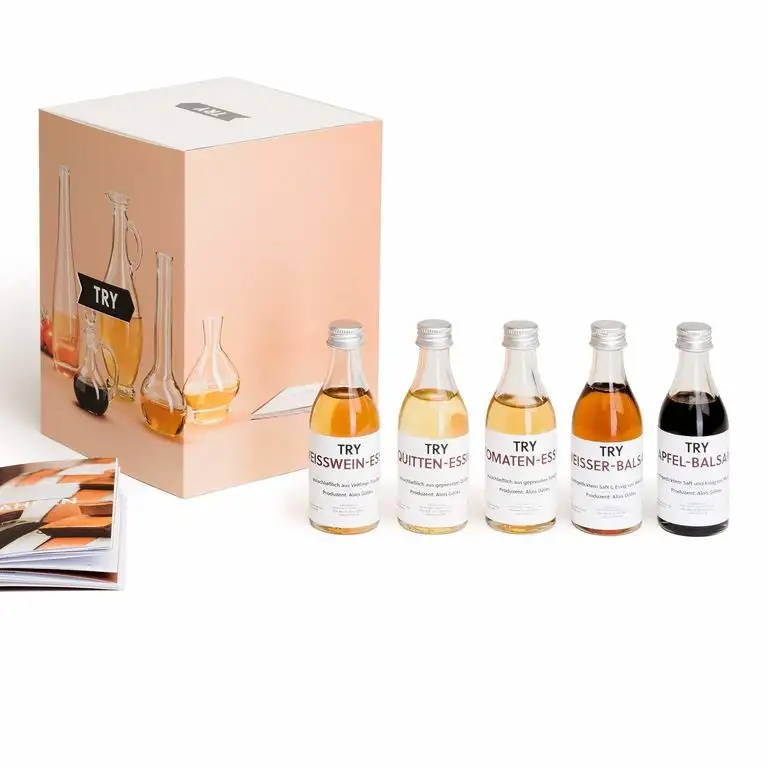 Essig Set Geschenkset 5 x 50ml I Bekannt aus Höhle der Löwen I Apfelessig, Quittenessig, Weißweinessig, Balsamico Essig, Tomatenessig I Hochwertige Geschenke I Feinschmecker Probierset