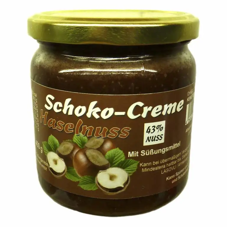 "Schokocreme Haselnuss" 400 g (43,7% Haselnüsse), mit Xylit aus Finnland gesüßt, vegan, ohne Zuckerzusatz