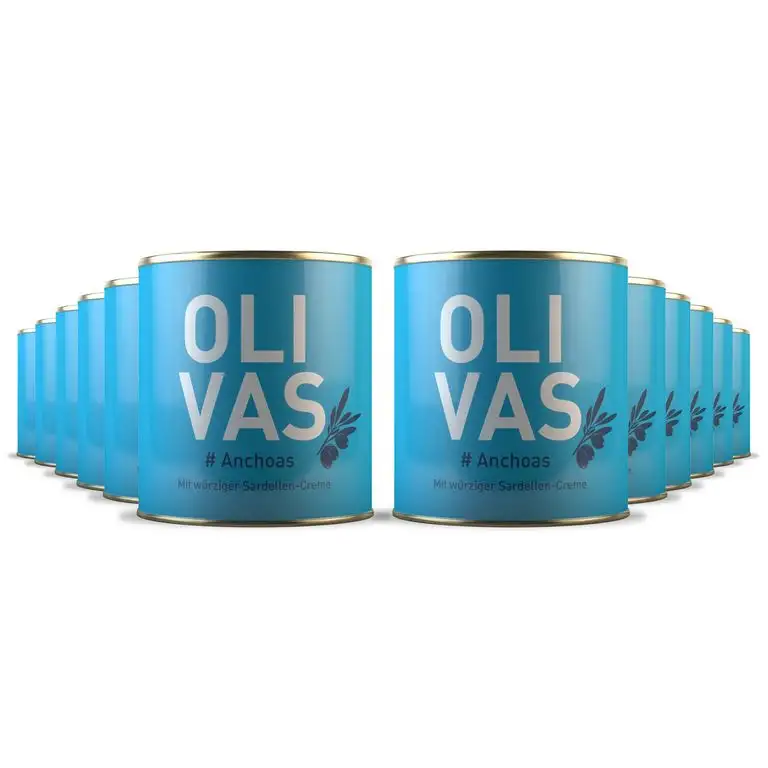 12er Set * OLIVAS Anchoas / 80 g (Dose) * Manzanilla Oliven der Handelsklasse Extra mit würziger Sardellencréme