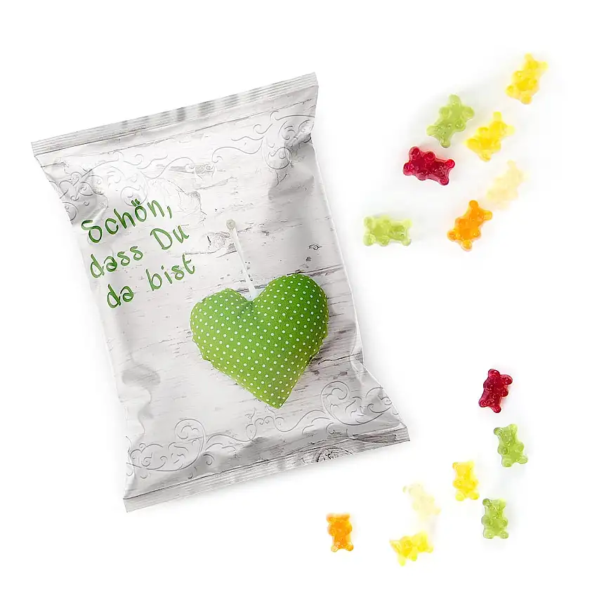 Logbuch-Verlag 25 kleine Päckchen Gummibärchen SCHÖN DASS DU DA BIST Herz grün weiß give-away Gastgeschenk Mitgebsel Hochzeit Geburtstag Gäste