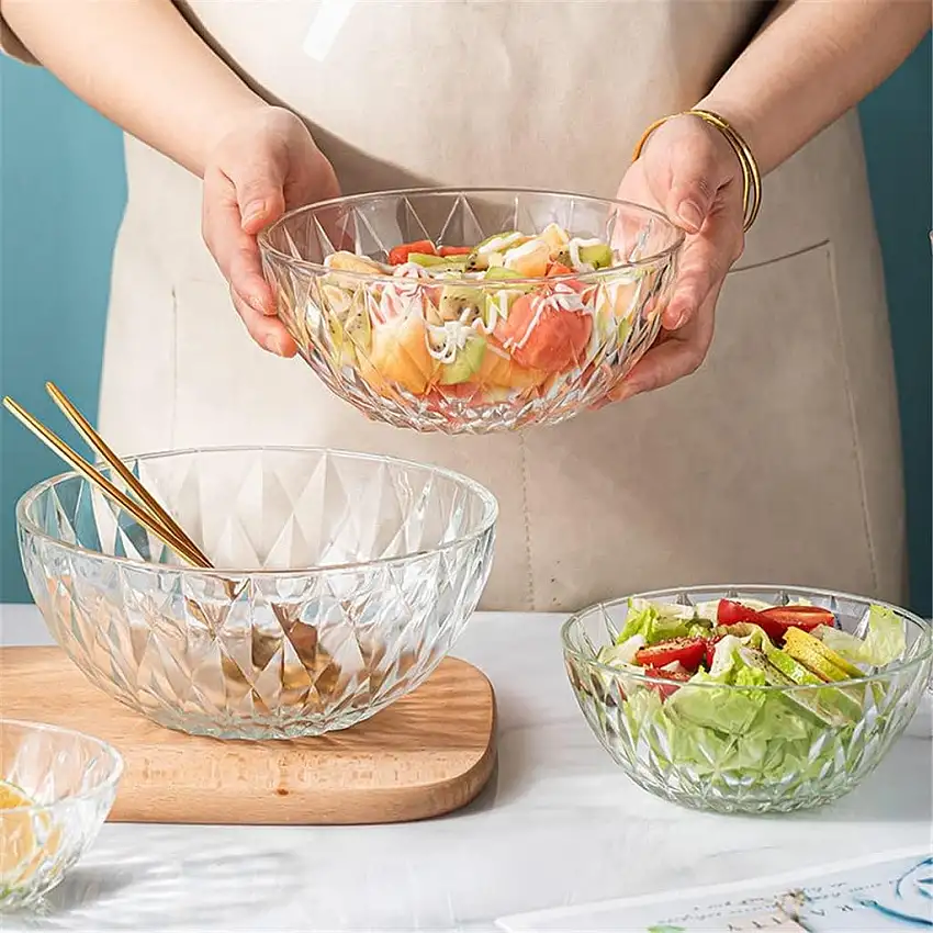 GJRFYJ Europäischer Stil Diamant Glas Salat Obst Suppenschüssel Transparent Dessert Hochzeit Familie Teller Größe verdicktes Geschirr Set (Color : A, Size : 17.2 * 7.3cm)