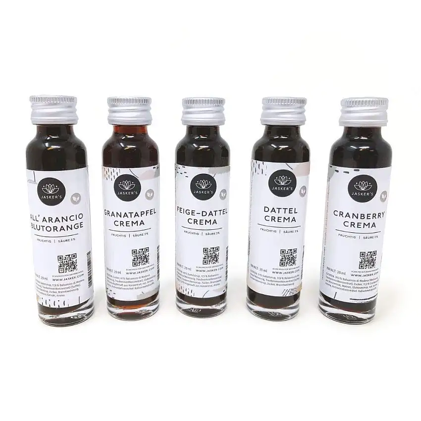 Balsamico Creme Probierset 5 x 20 ml ● Feige Dattel Cranberry Granatapfel ● Fruchtessig für Pizza ● Dressing dickflüssig (Probierset, 5 x 20 ml)