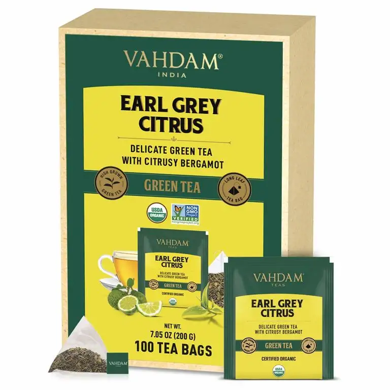VAHDAM, Bio-Earl Grey Zitrus Grüne (100 Teebeutel) | Himalayan Grünteeblätter gemischt mit natürlichem Bergamotteöl | Feinste Earl Grey Teebeutel, Langblatt Bergamotte Teebeutel | Detox Tee