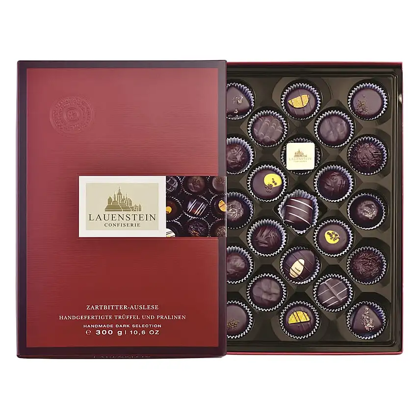 Lauensteiner Edelbittere Spezialitäten | 300 g Pralinen und Trüffel in dunkler Schokolade | 14 Sorten, mit Alkohol | Schokoladen-Geschenk für Freund oder Freundin | 1er Pack