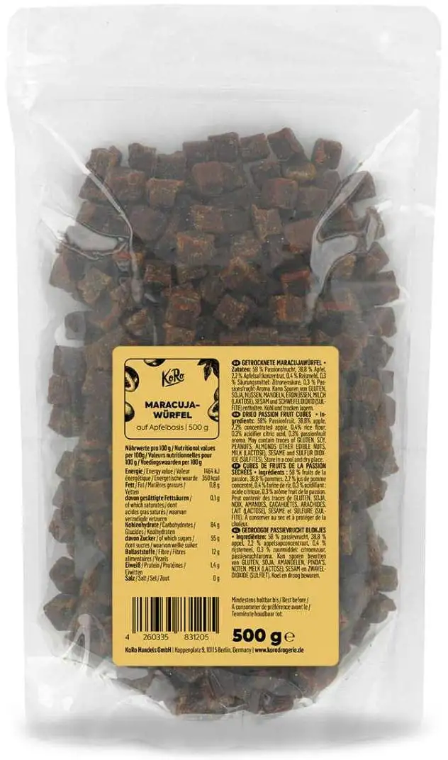 KoRo - Getrocknete Maracuja Würfel 500 g - Leckere Trockenfrüchte ohne Zucker - Schwefelfrei in Vorteilspackung