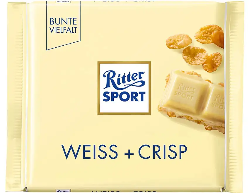 Ritter Sport Weiss + Crisp (10 x 100 g), Weiße Schokolade mit Crisp, verfeinert mit Cornflakes und Reis-Flakes, Tafelschokolade weiß