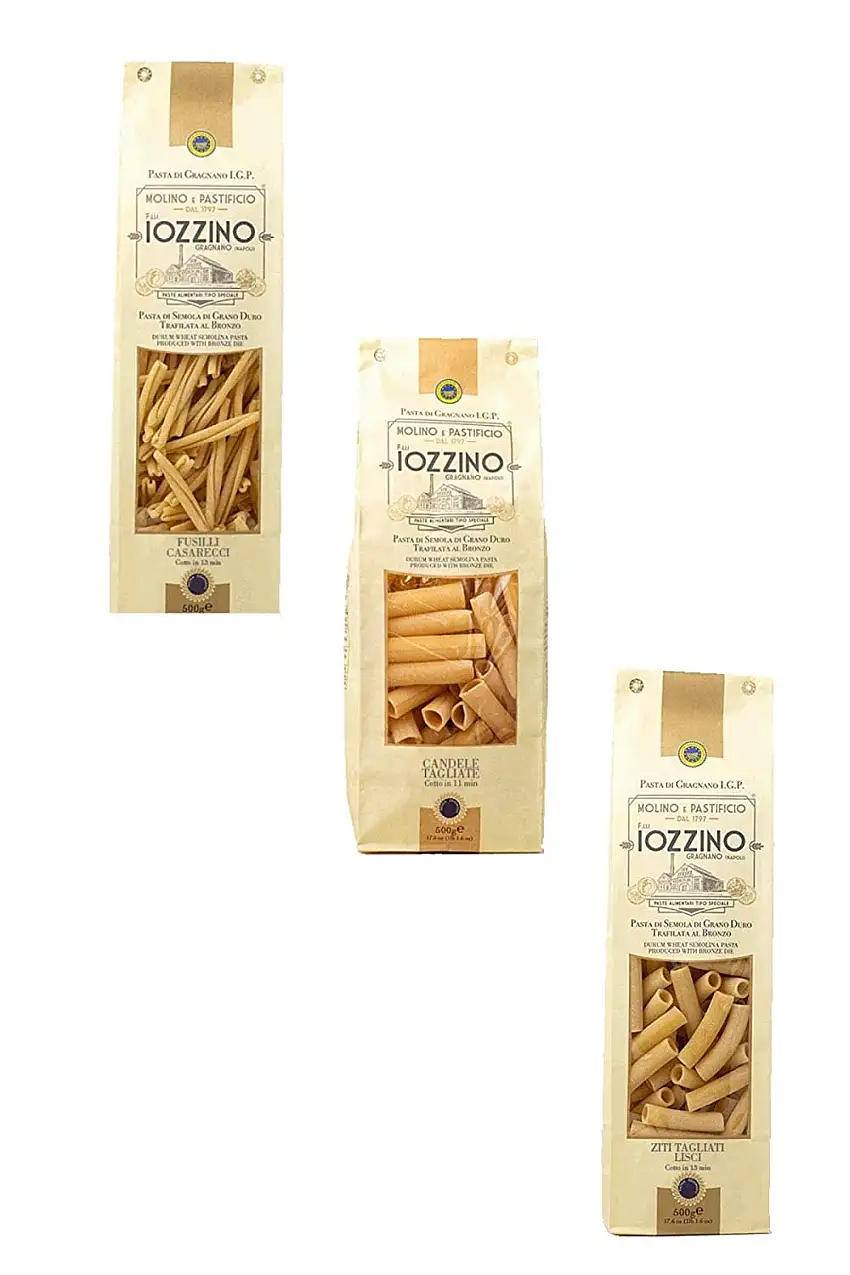 Pastificio F.lli Iozzino - Hartweizen Pasta g.g.A - Auswahl typischer neapolitanischer Pasta 3Kg (6x500gr) |1 Kg candele tagliate + 1 Kg ziti tagliati + 1 Kg fusilli caserecci|