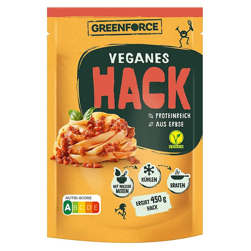 Veganer Fleischersatz von GREENFORCE | pflanzliches Hackfleisch Pulver perfekt für Bolognese, Lasagne & Chili Sin Carne | Proteinreich, Glutenfrei & Vegan aus Erbsen | nachhaltiges Erbsenprotein Hack