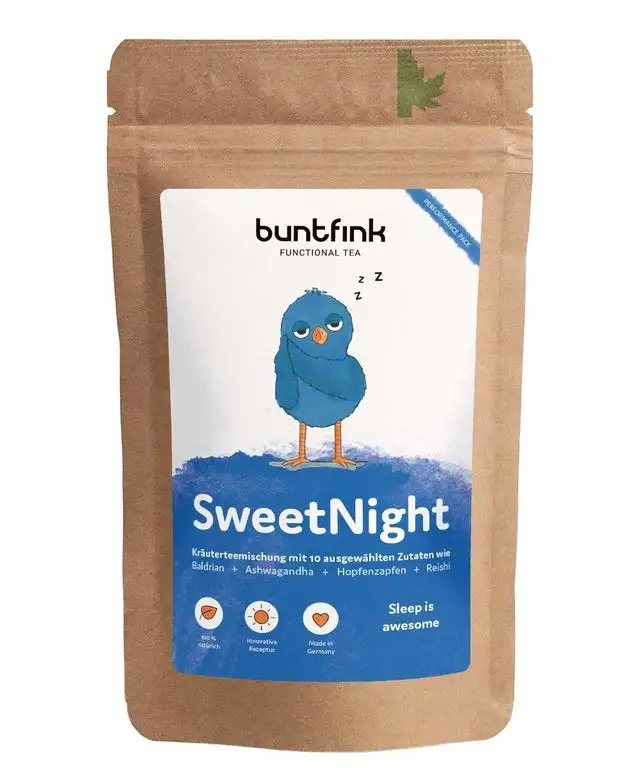 Buntfink „SweetNight“ Abend-Tee mit Baldrian + Hopfen + Reishi + Ashwagandha, 100% natürlicher Kräutertee aus Deutschland, 60g loser Tee