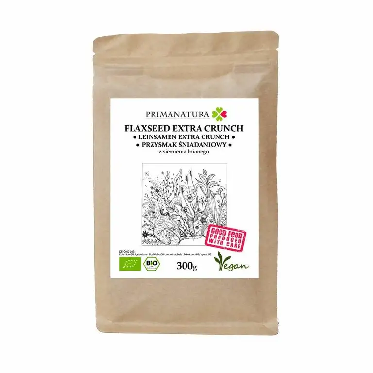 100% BIO VEGAN Leinsamen Extra Crunch - 300 g - Frühstücks-Delikatesse - Ergänzung von Omega-3 zum Müsli - veganer Ersatz für Linomel und Linufit / ideal für Dr. Budwigs Ernährung / Omega-3 Quelle