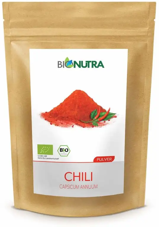 BIONUTRA Chili-Pulver Bio 250 g, fein gemahlenes Chili (Cayenne, Capsicum annuum), Rohkostqualität, würzig scharf!