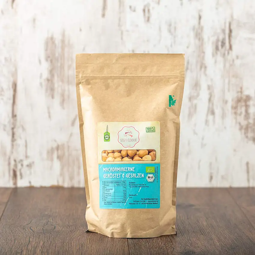 süssundclever.de® Bio Macadamianüsse | geröstet & gesalzen | 500g | plastikfrei und ökologisch-nachhaltig abgepackt | Macadamia