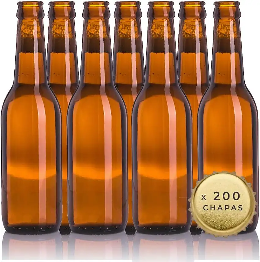 Leere Bierflaschen 33 cl wiederverwendbar mit Blech | Set mit 20 Flaschen und 200 Kronkorken für die Herstellung von handwerklichem Bier | Packung mit Flasche für die Herstellung zu Hause