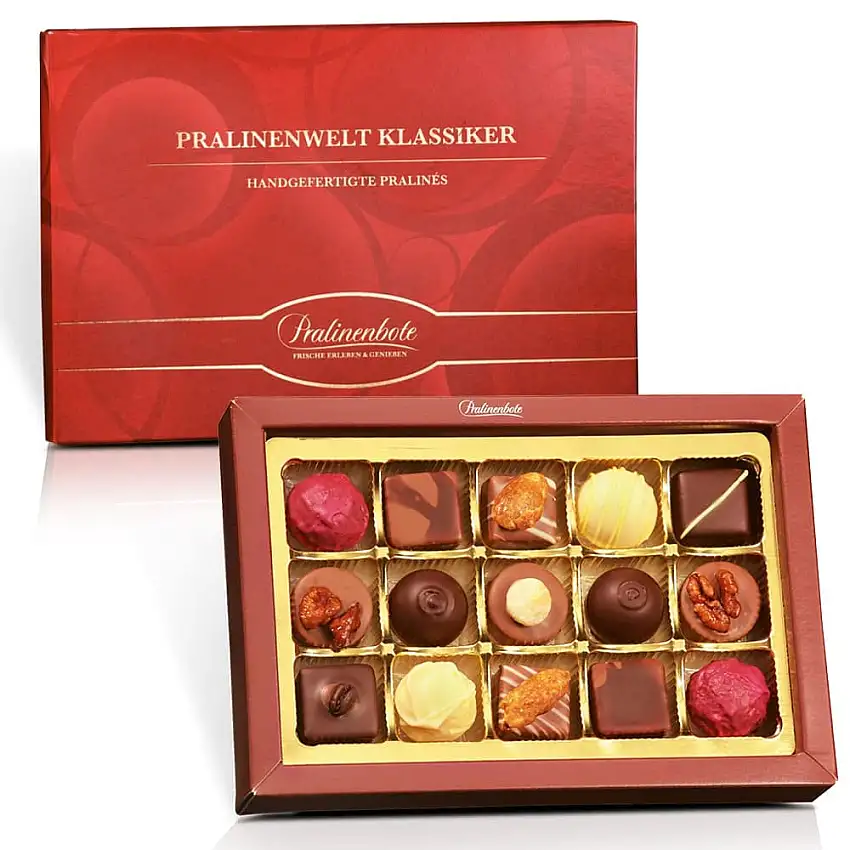 Pralinenbote – Pralinenwelt Klassiker mit 15 handgefertigte Pralinen deutscher Chocolatiers, das Pralinen Geschenk