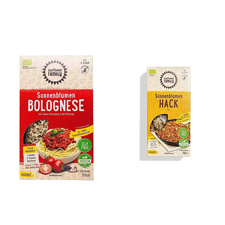 sunflowerFamily SonnenblumenHACK "Bolognese" mit Gewürzmischung, 131 g, bio & BIO SonnenblumenHACK PUR (76g) Veganes Hack OHNE Einweichen aus 100% Sonnenblumenkernen