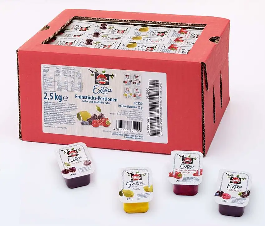 Schwartau Sortimentskartion Portionsschalen (Schwarzkirsche, Himbeere-Johannisbeere, Waldfrucht, Quittengelee), 100er Pack (25 x 25g je Sorte)