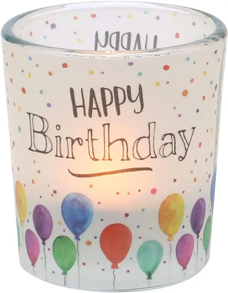 Dekohelden24 transparenten Banderole, inkl. 1 Teelicht, H/Ø: 6,5 x 6 cm, Motiv Birthday, Glas, Windlichtglas Happy
