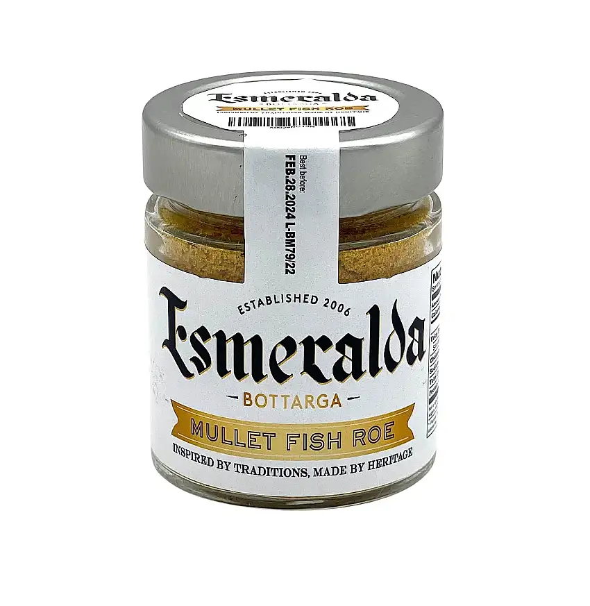 Esmeralda Bottarga Gerieben in 70 g Glas - Mittelmeer-Kaviar - (getrockneter Meeräsche-Rogen) Koscherer wilder Fang vom Mittelmeer