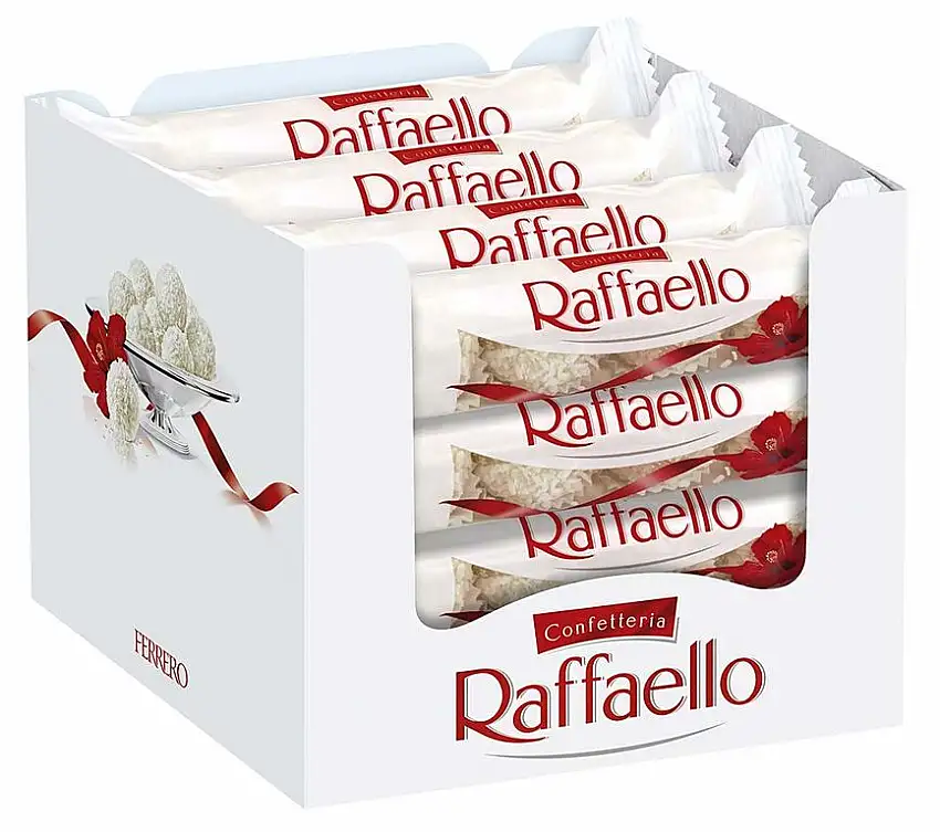 Raffaello -Thekendisplay mit 16 Packungen á 4 Einzelpralinen, kugelförmige Waffeln mit Kokosraspeln, zarter Milchcreme und weißer Mandel
