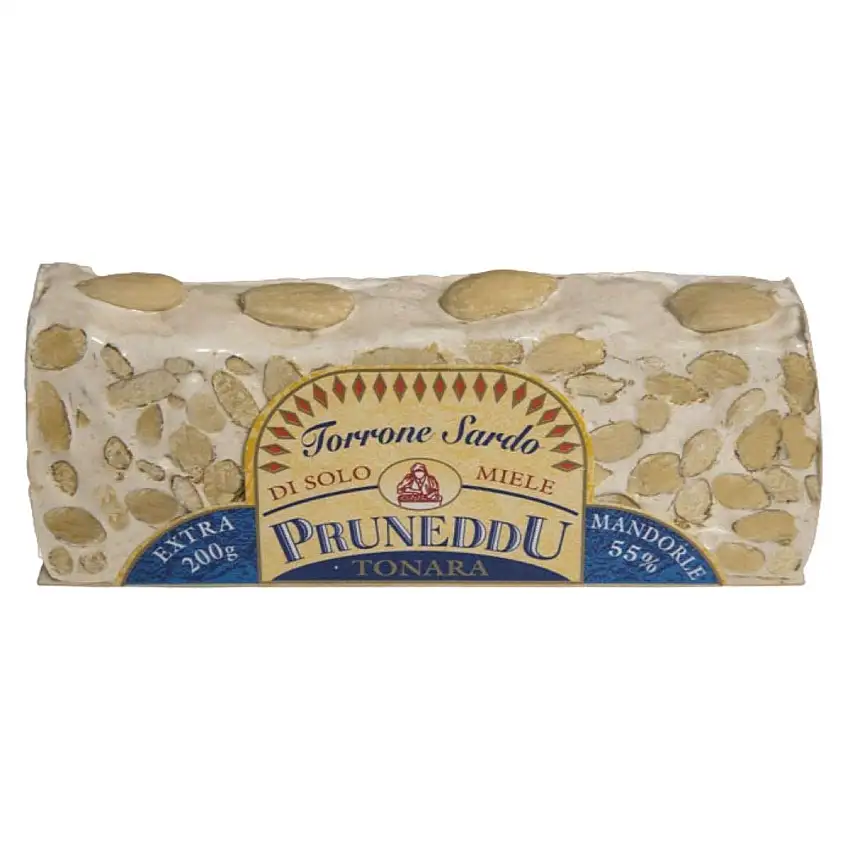 Torrone mit Mandeln und Honig | ganzes Stück | weißer Nougat (hart) | Torrone | 200g | Pruneddu Torronificio Artigiano Tonara, Sardinien