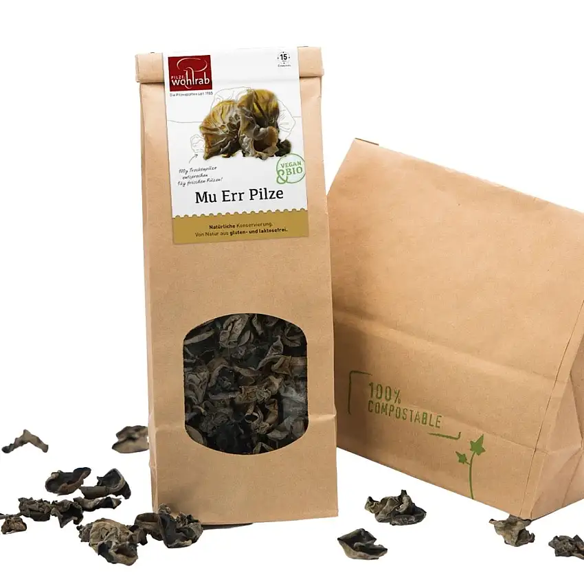 100g Bio Mu-Err Pilze – Getrocknete Pilze Vegan / Mu-Err Pilze – Judasohr – Auricularia judae | Pilze Wohlrab