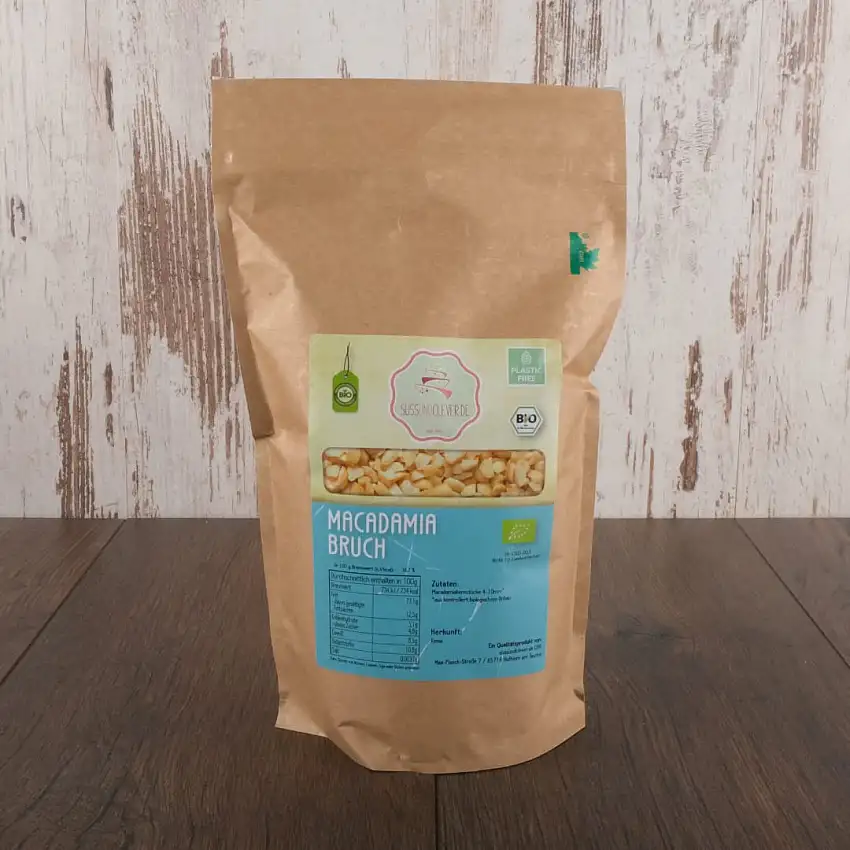 süssundclever.de® Bio Macadamiabruch | Macadamiakerne | 1,0 kg | Macadamia | Style 6 | plastikfrei und ökologisch-nachhaltig abgepackt