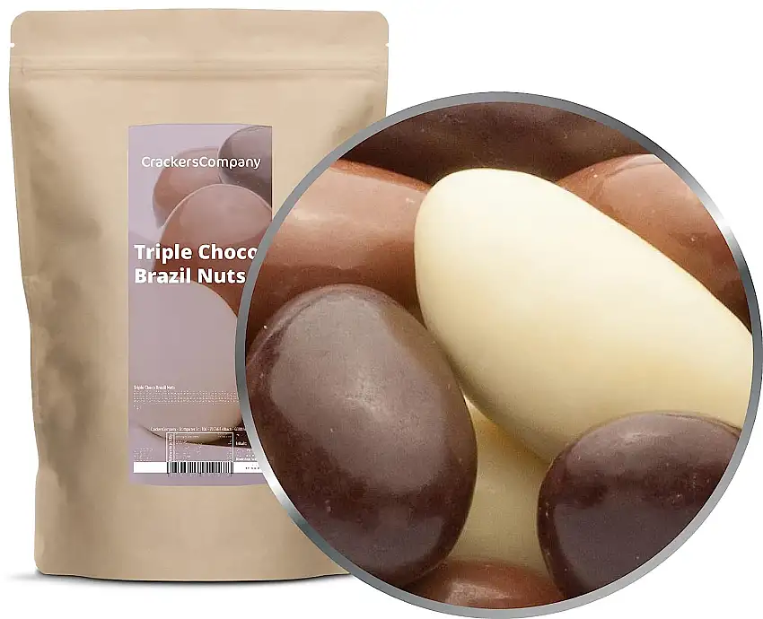 2 x 700g Paranuss in dreierlei Schokolade - Paranüsse in weißer Schokolade, Vollmilchschokolade und Zartbitterschokolade vegetarisch