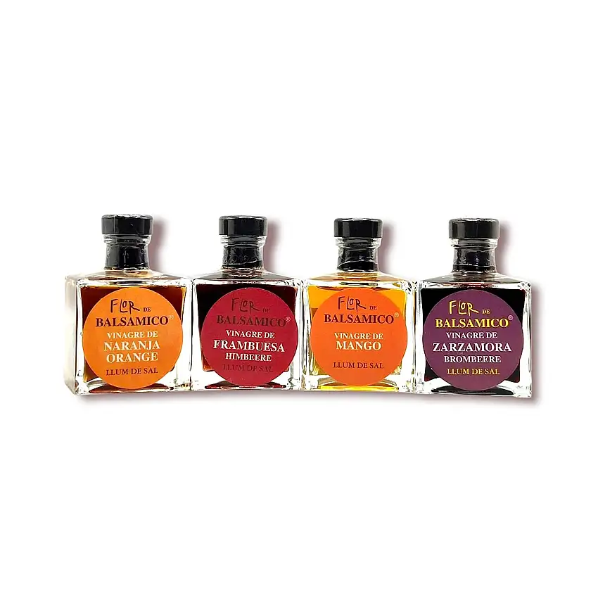LLUM DE SAL Flor de Balsamico Flacon Geschenkset Mallorca Feinschmecker Fruchtessig Mango, Himbeere, Orange, Brombeere (4x100ml)