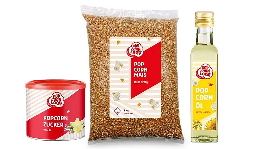 Popcornloop Zutaten Set mit Butterfly Mais 1 Kilo, Popcornzucker Vanille 300g und Popcornöl 250ml für Popcorn Zuhause Popcornmaschine