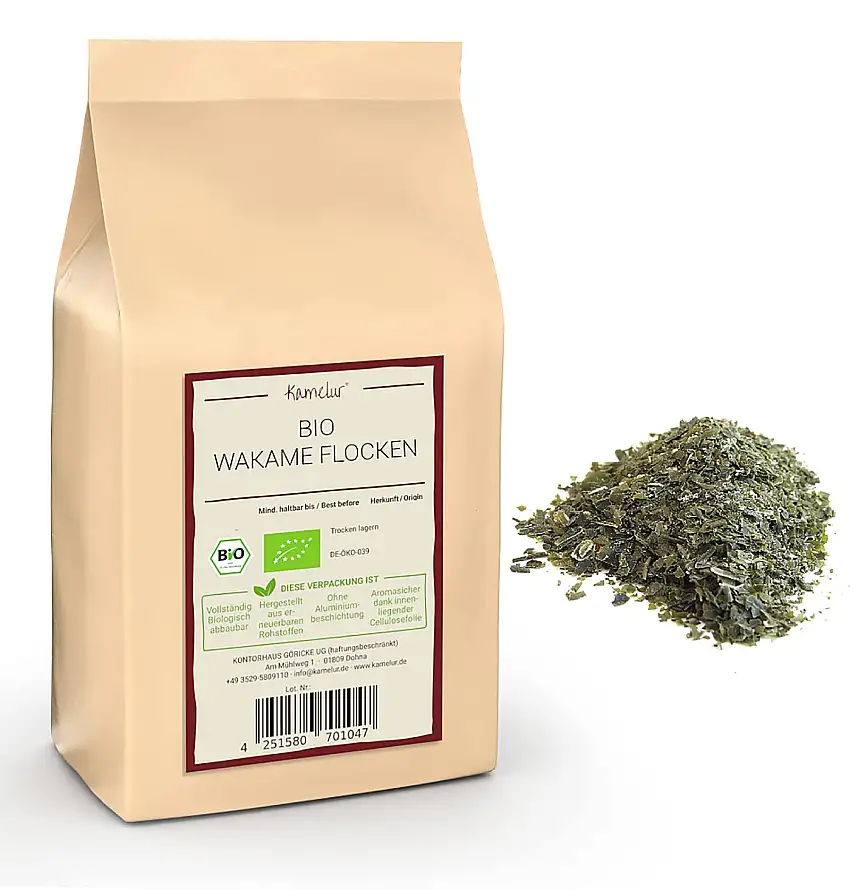 Kamelur 50g BIO Wakame Algen getrocknet - Rohkost Wakame Flocken ohne Zusätze - Wakame Algen BIO in umweltfreundlicher Verpackung