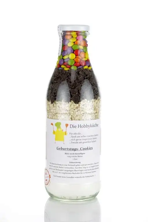 Geburtstags-Cookies Backmischung Inhalt 680g in dekorativer 1 L Glasflasche ideal als Geschenk