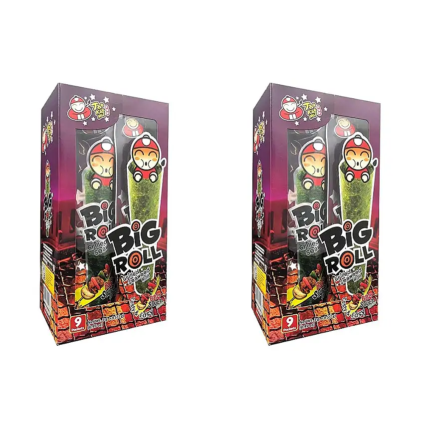 Tao Kae Noi Big Roll Grilled Seaweed BBQ Sauce, gegrillter Seetang, gegrillter Algensnack mit BBQ Flavour, 9 Snackrolls a 3 g, 27 g (Packung mit 2)