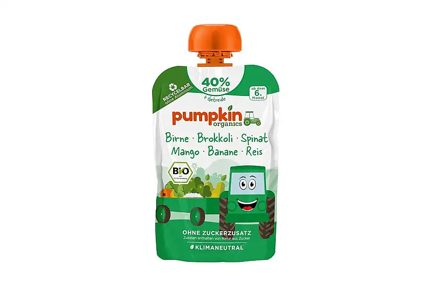 Pumpkin Organics Bio Gemüse-Getreide-Quetschie Birne, Brokkoli, Spinat, Mango, Banane, Reis ohne Zuckerzusatz - Babynahrung für Babys ab dem 6. Monat - glutenfrei & vegetarisch (100g)