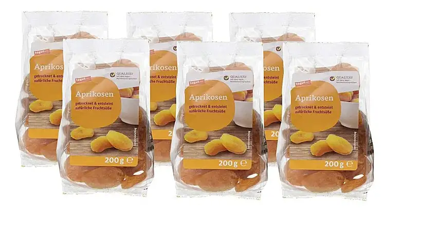 tegut... 6er Pack Ganze getrocknete Aprikosen 200 g - Trockenfrüchte entsteint und ungezuckert mit natürlichen Ballaststoffen - Vorteilspack 6x200g
