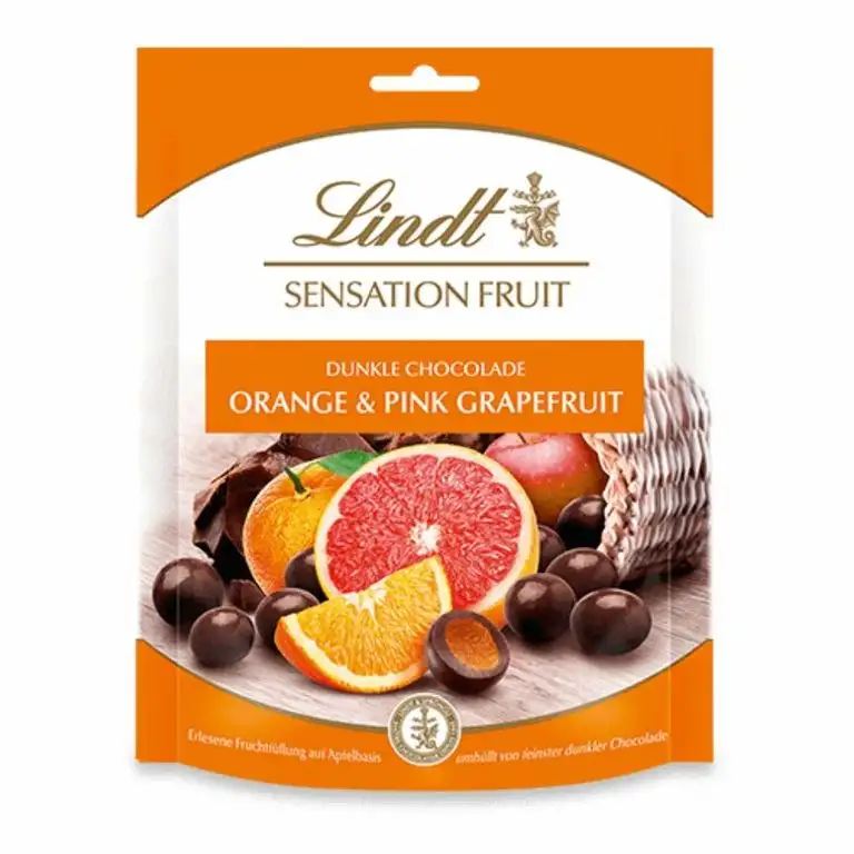 Lindt & Sprüngli Sensation Fruit Orange und Pink Grapefruit, extra feine, dunkle Schokolade-Kugeln mit einer fruchtig-weichen Füllung, 1er Pack (1 x 150 g)