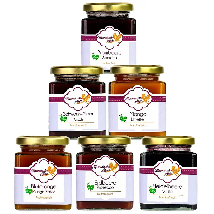 Marmeladenset ausgefallene Marmelade | Marmeladenherz | 6x besondere Marmelade 220g | Hochwertige Marmeladen ohne Kerne, ohne Stücke | Vegan & nachhaltig | Feinkostmarmelade