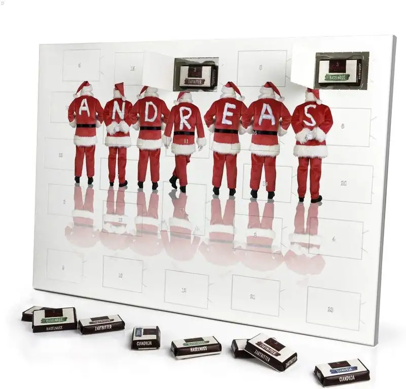 printplanet - Adventskalender mit Namen Andreas - gefüllt mit Schokoladen-Füllung - personalisiert mit Namens-Motiv Weihnachtsmänner - Schoko-Kalender, Weihnachtskalender, Namenskalender