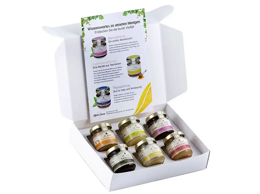 Honig Geschenk-Set "Regional" - 6 Honige aus der Region - Heide-Honig, Himbeerblüten-Honig, Linden-Honig, Raps-Honig, Tannen-Honig, Sanddorn-Honig (6 x 50g)