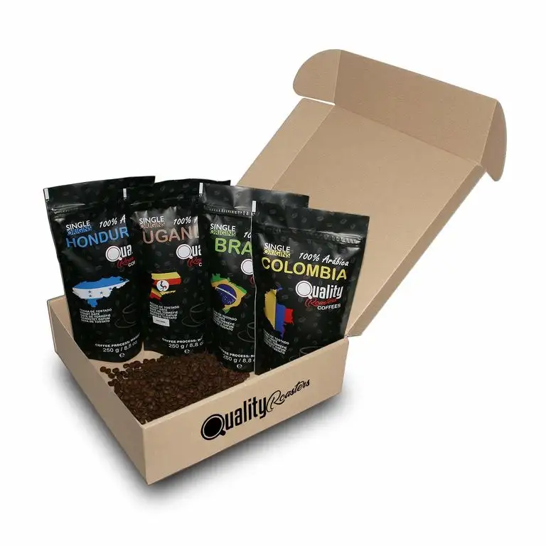 ☕ Natürliche kaffeebohnen. 100% Arabica. Ideal zum geben und schmecken. 4 Ursprünge: Kolumbien, Uganda, Brasilien, Honduras. 4x250 g. Geröstetes handwerk