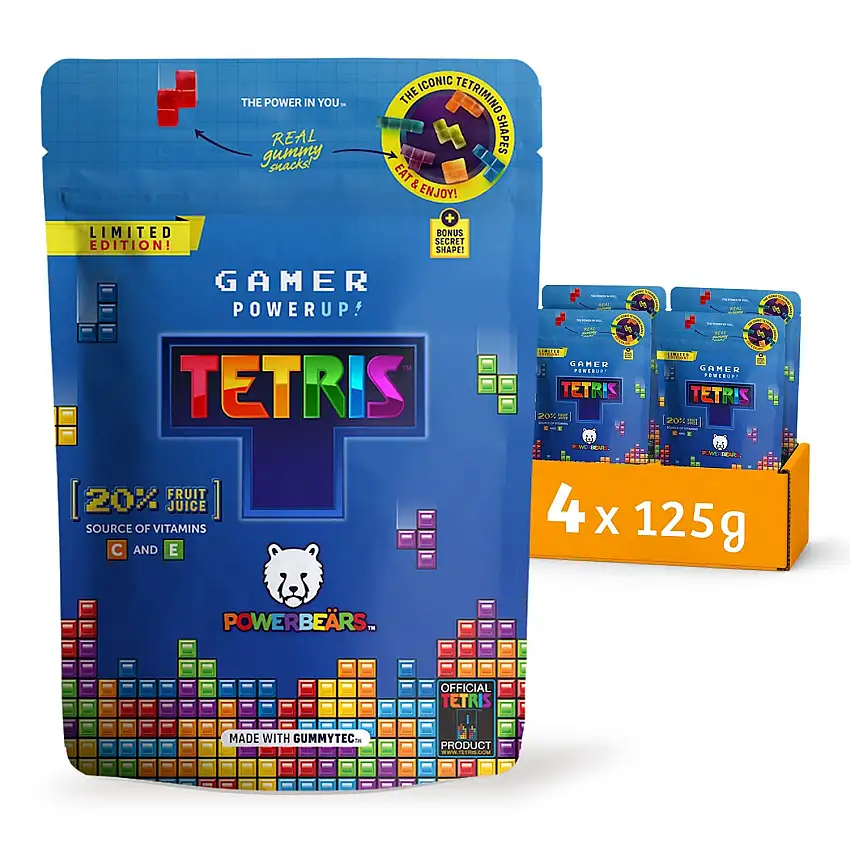 Powerbeärs Gamer Powerup - 4x125g Gummibärchen in Tetris-Formen - Gummibären mit 20% Fruchtsaft und Vitaminen, 8 fruchtige Geschmacksrichtungen